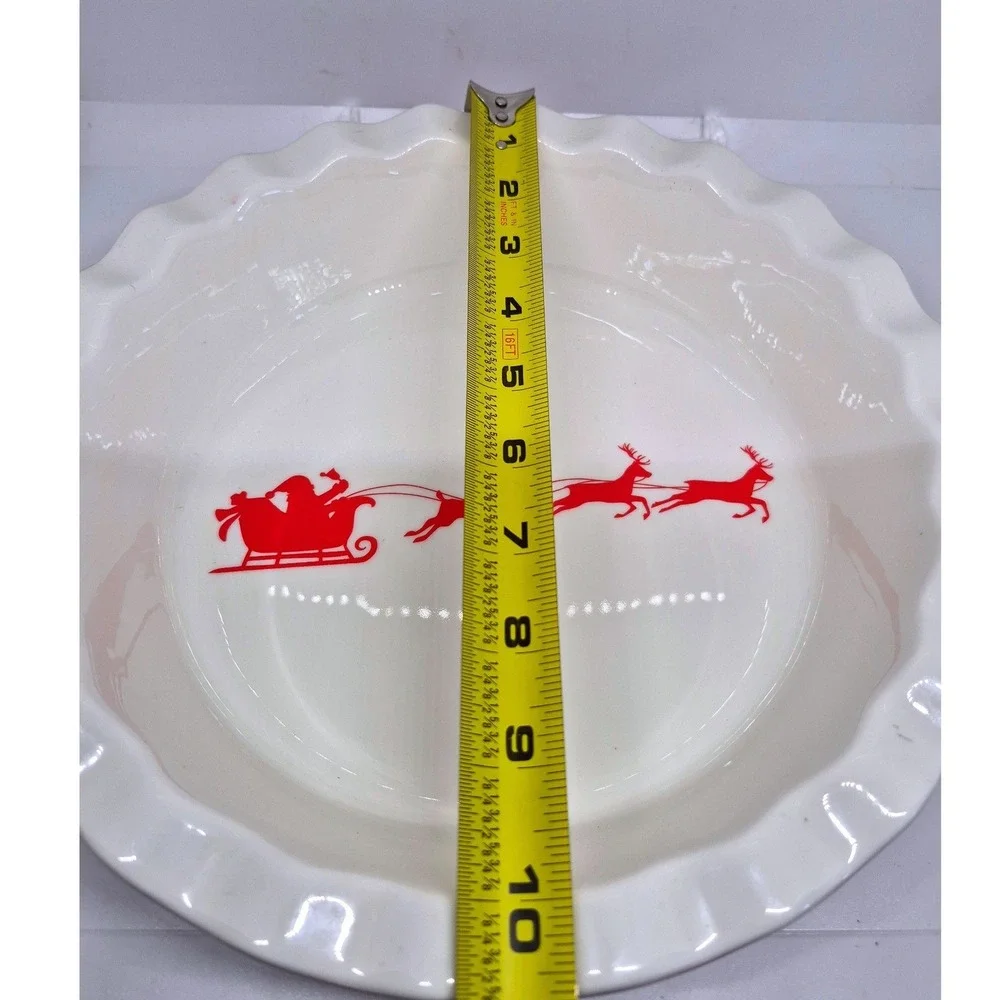 Ciroa Home Pie Dish White Red Christmas Santa Sleigh Reindeer Ruffled Stoneware